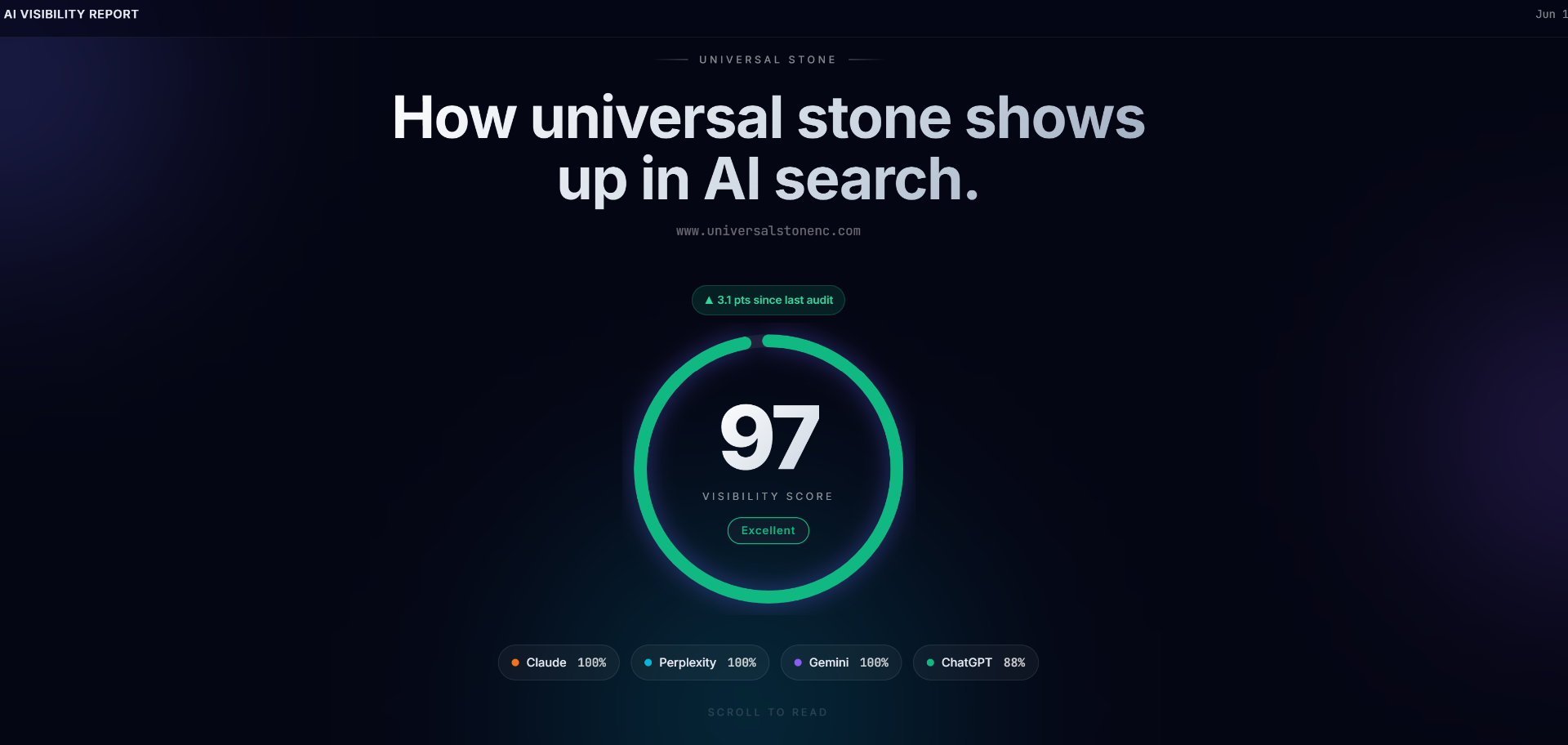 AI Visibility Audit dashboard showing citation share across ChatGPT, Gemini, Perplexity, and Claude