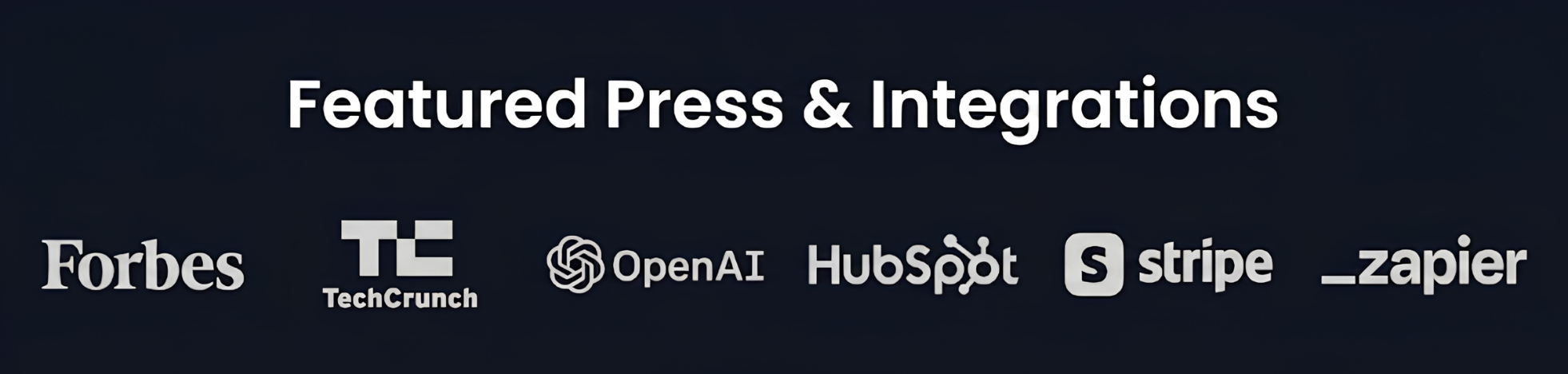 Featured press and integrations: Forbes, TechCrunch, OpenAI, HubSpot, Stripe, Zapier