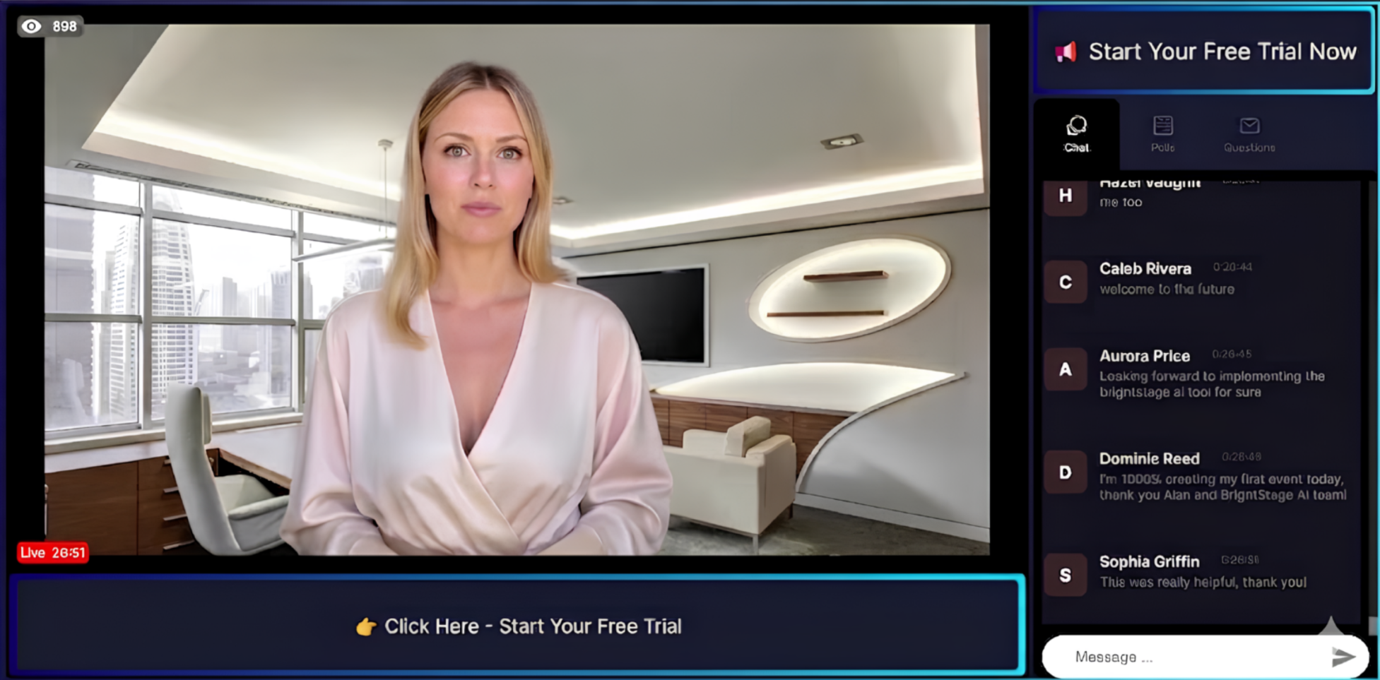 AI Webinar Room — Live Demo: AI-hosted evergreen webinar with real-time chat, captions, and CTA panel