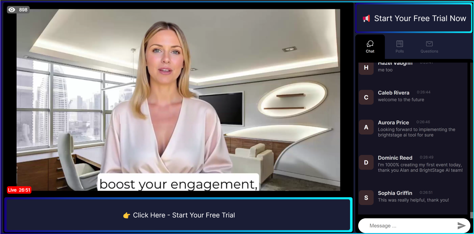 AI Event Live View — evergreen webinar room with live AI chat handling attendee questions