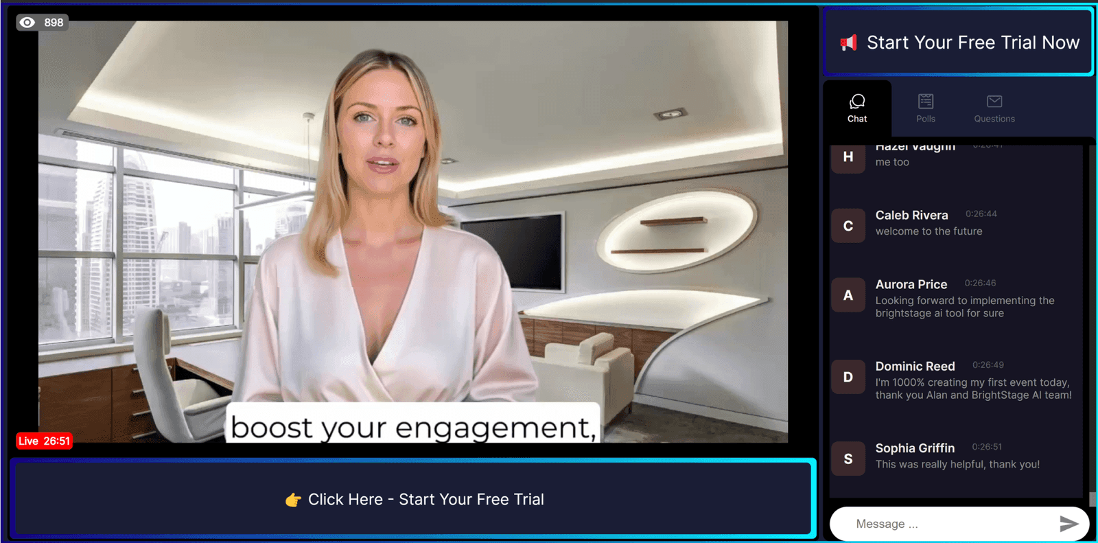 A live AI Event seen by an attendee, with the chat panel and the sticky offer message