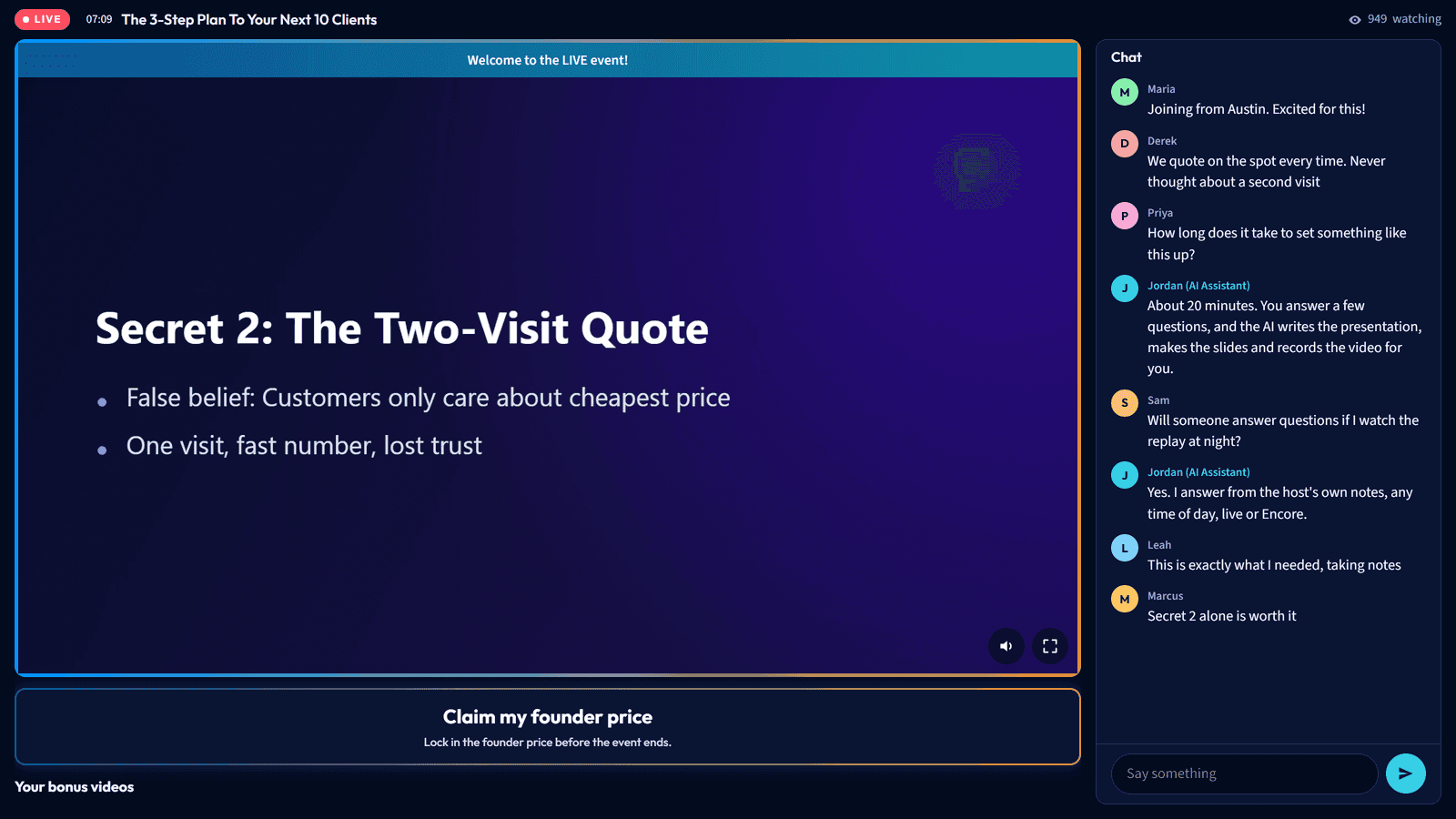 The BrightStage AI event room: an AI-made presentation playing, the AI assistant answering attendees in chat, and the offer button below the video